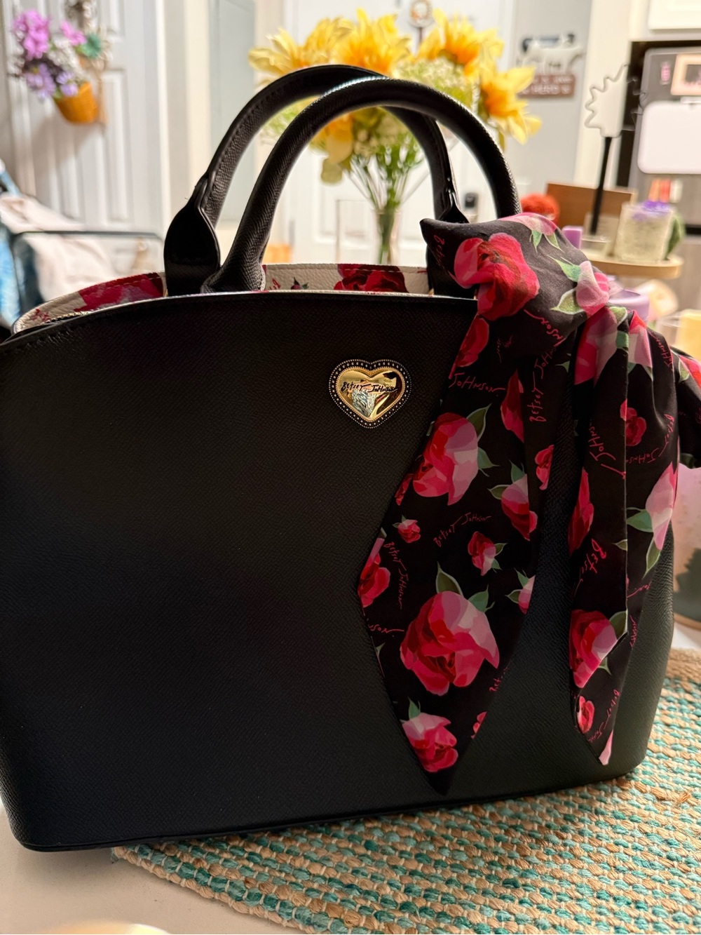 🌻NEW🌻Betsey Johnson Black Satchel with Pink Floral Scarf Accent